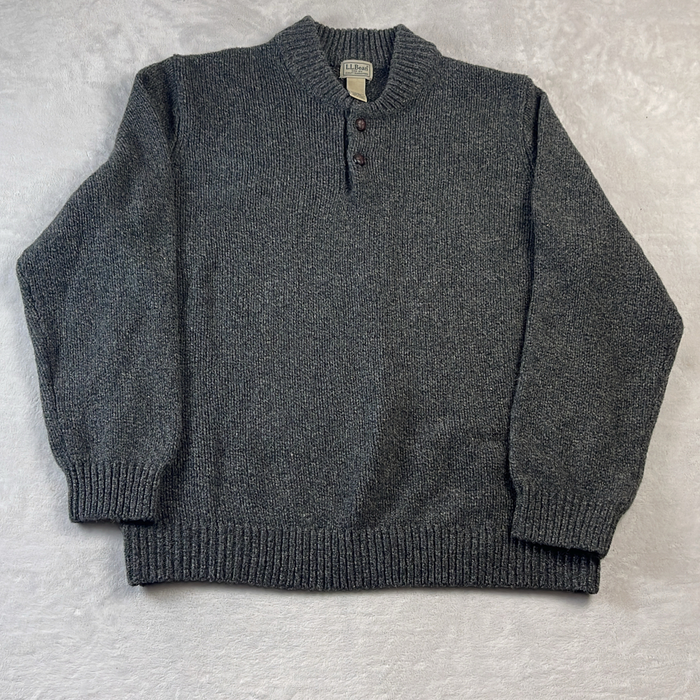L.L. Bean Men's Grey Sweater Size XL Lambswool Classic Ragg Henley Mock Neck